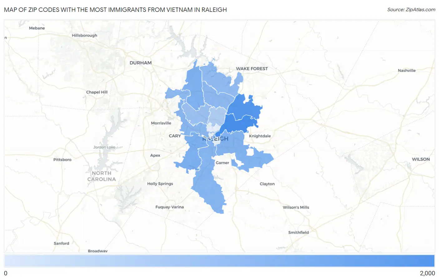 Zip Codes with the Most Immigrants from Vietnam in Raleigh Map