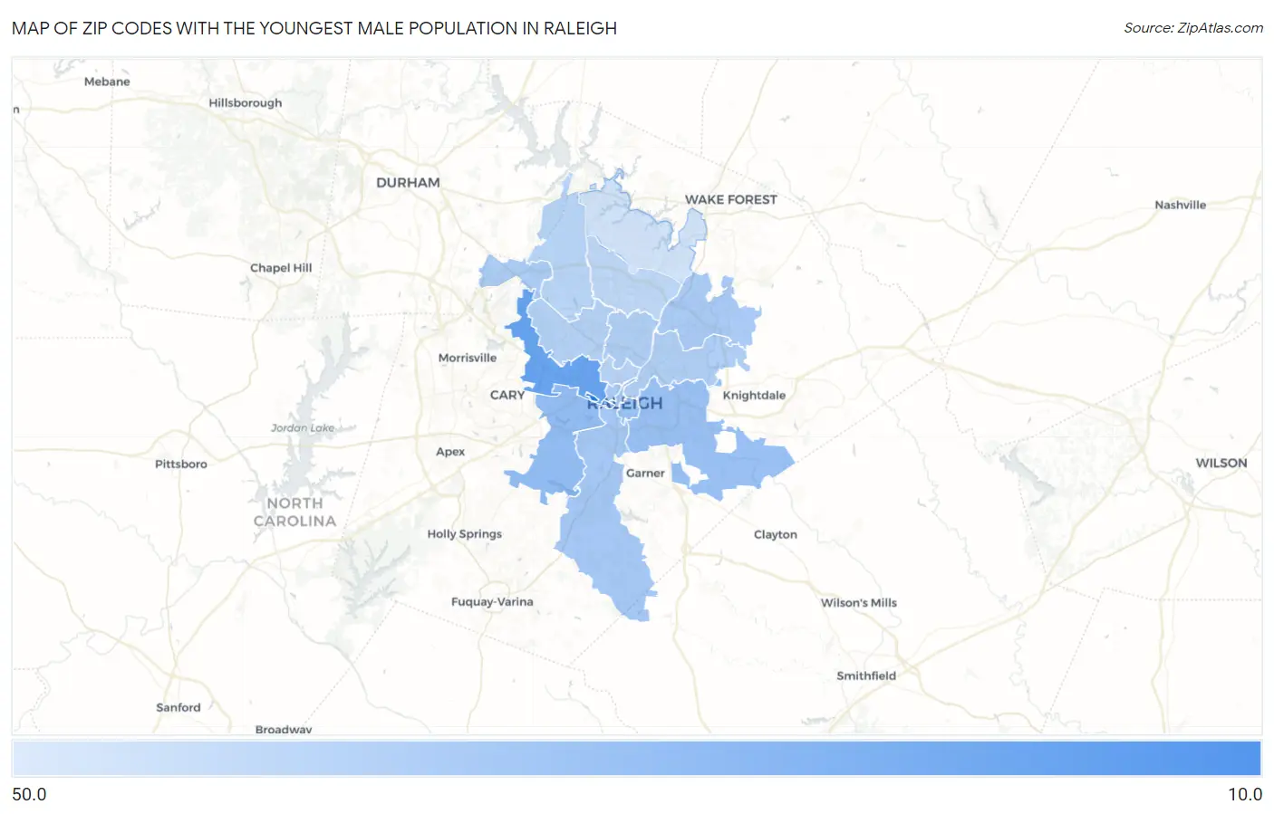 Zip Codes with the Youngest Male Population in Raleigh Map
