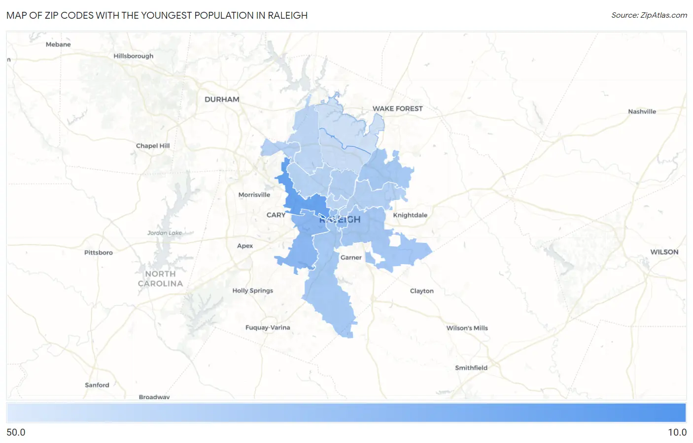 Zip Codes with the Youngest Population in Raleigh Map