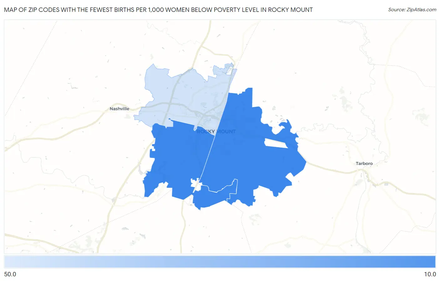 Zip Codes with the Fewest Births per 1,000 Women Below Poverty Level in Rocky Mount Map