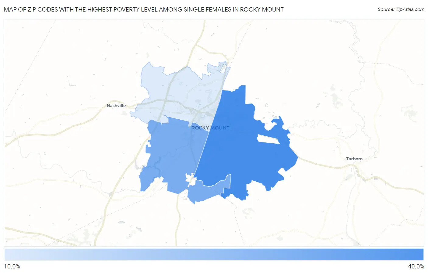 Zip Codes with the Highest Poverty Level Among Single Females in Rocky Mount Map