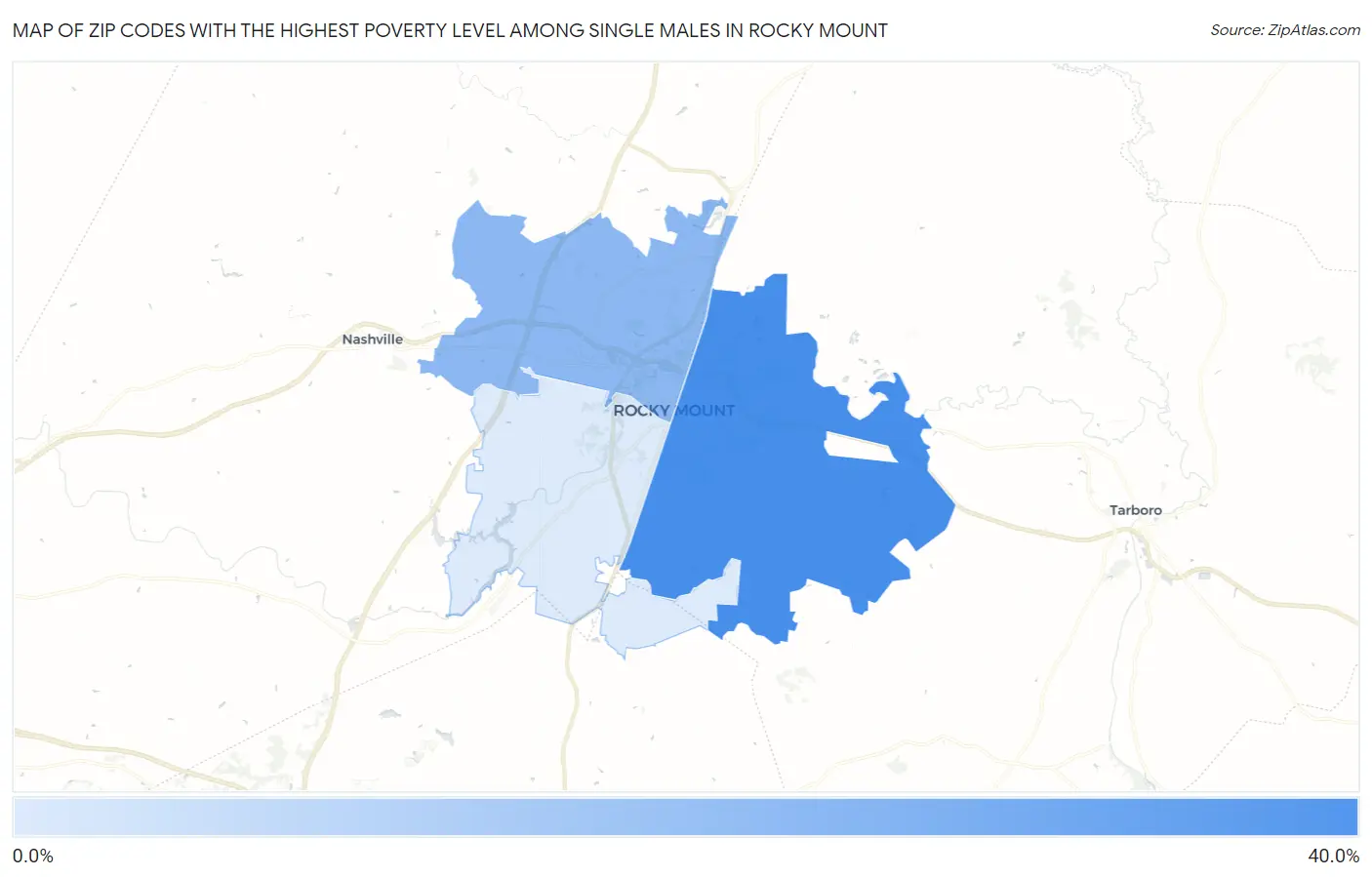 Zip Codes with the Highest Poverty Level Among Single Males in Rocky Mount Map