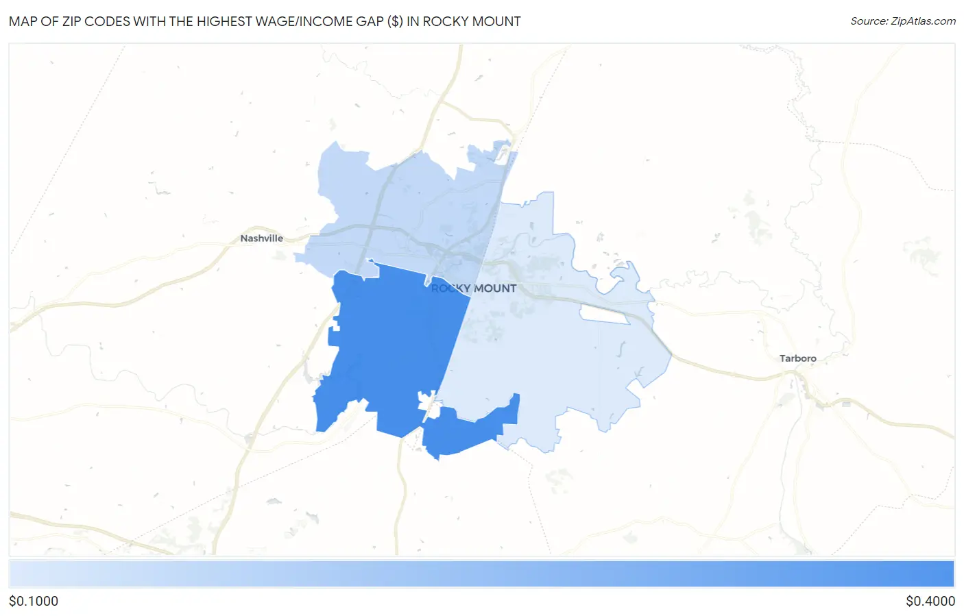 Zip Codes with the Highest Wage/Income Gap ($) in Rocky Mount Map