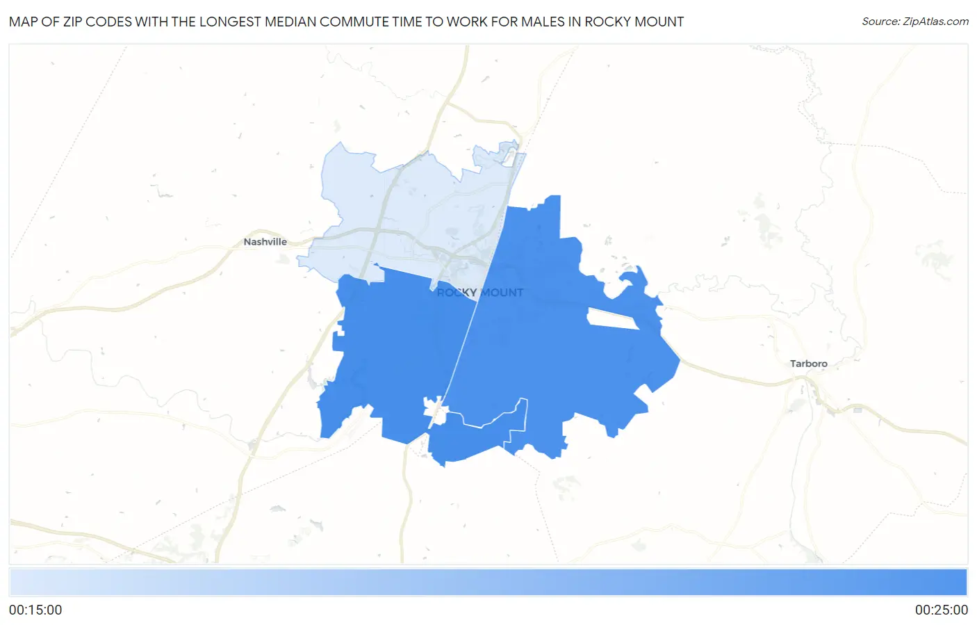 Zip Codes with the Longest Median Commute Time to Work for Males in Rocky Mount Map