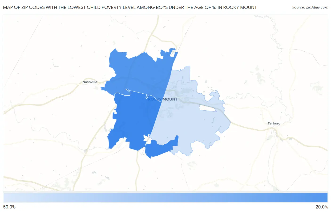 Zip Codes with the Lowest Child Poverty Level Among Boys Under the Age of 16 in Rocky Mount Map