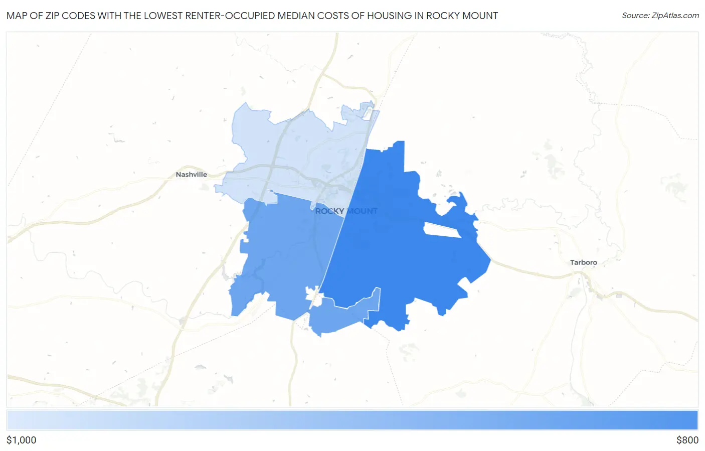Zip Codes with the Lowest Renter-Occupied Median Costs of Housing in Rocky Mount Map