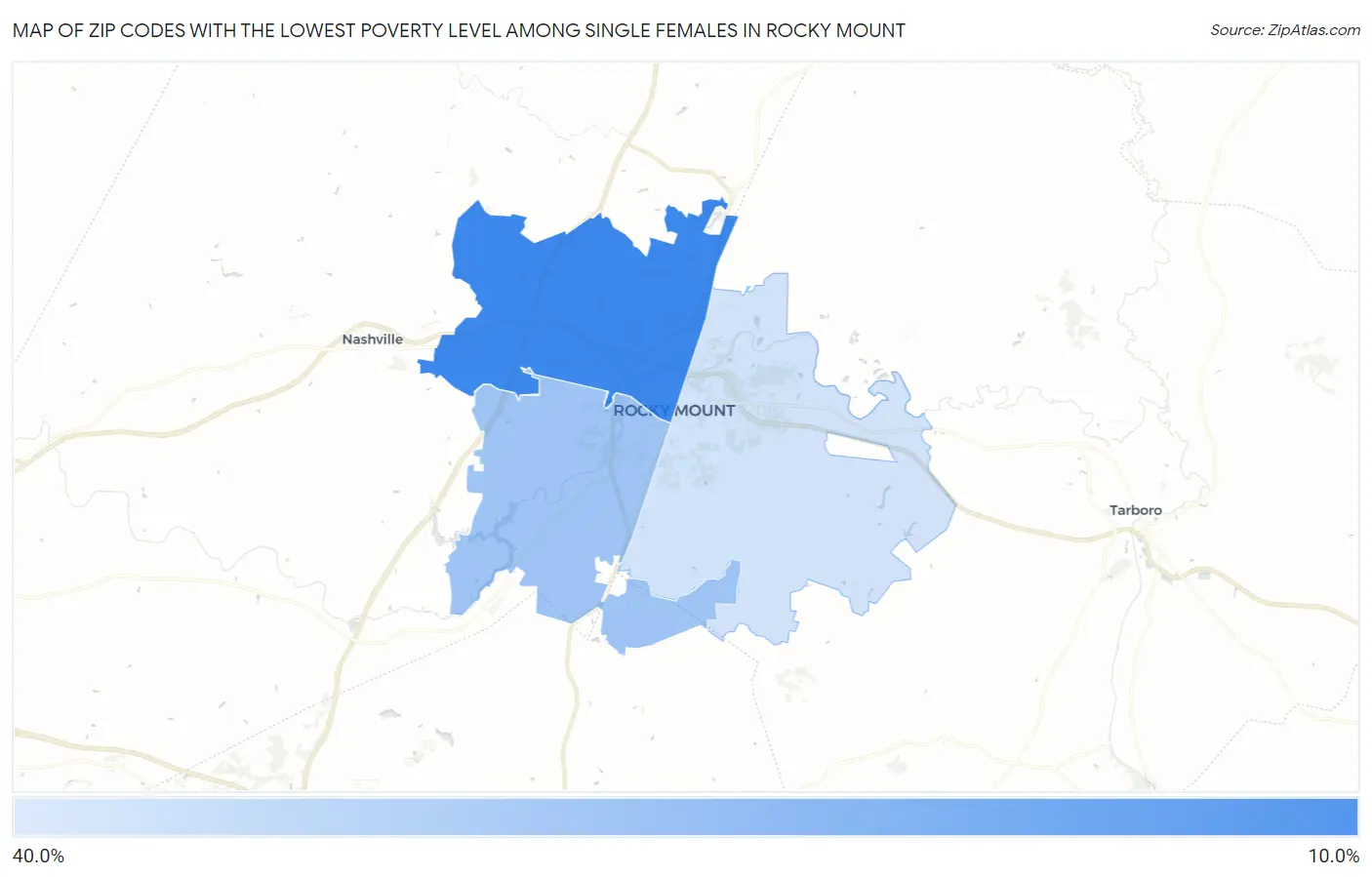 Zip Codes with the Lowest Poverty Level Among Single Females in Rocky Mount Map