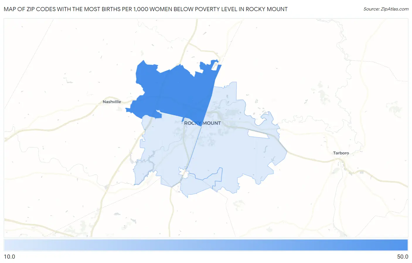 Zip Codes with the Most Births per 1,000 Women Below Poverty Level in Rocky Mount Map