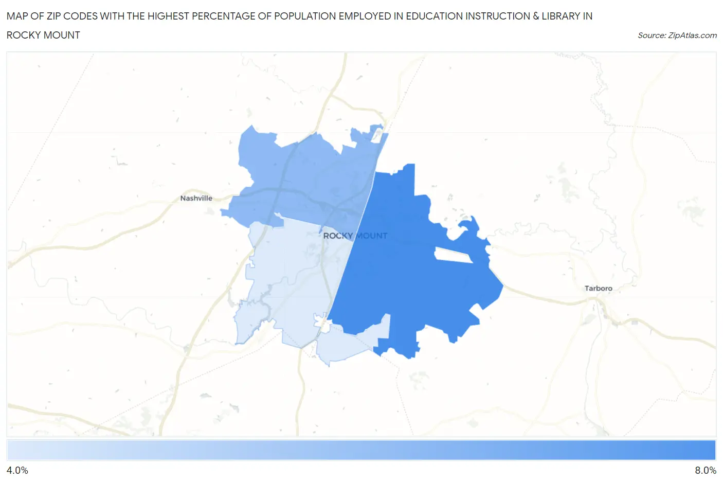 Zip Codes with the Highest Percentage of Population Employed in Education Instruction & Library in Rocky Mount Map