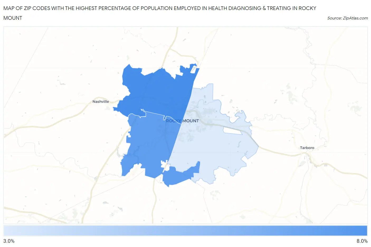 Zip Codes with the Highest Percentage of Population Employed in Health Diagnosing & Treating in Rocky Mount Map