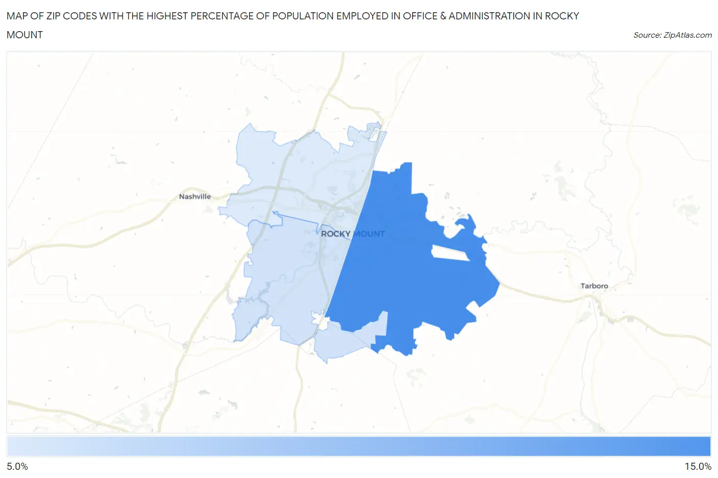 Zip Codes with the Highest Percentage of Population Employed in Office & Administration in Rocky Mount Map