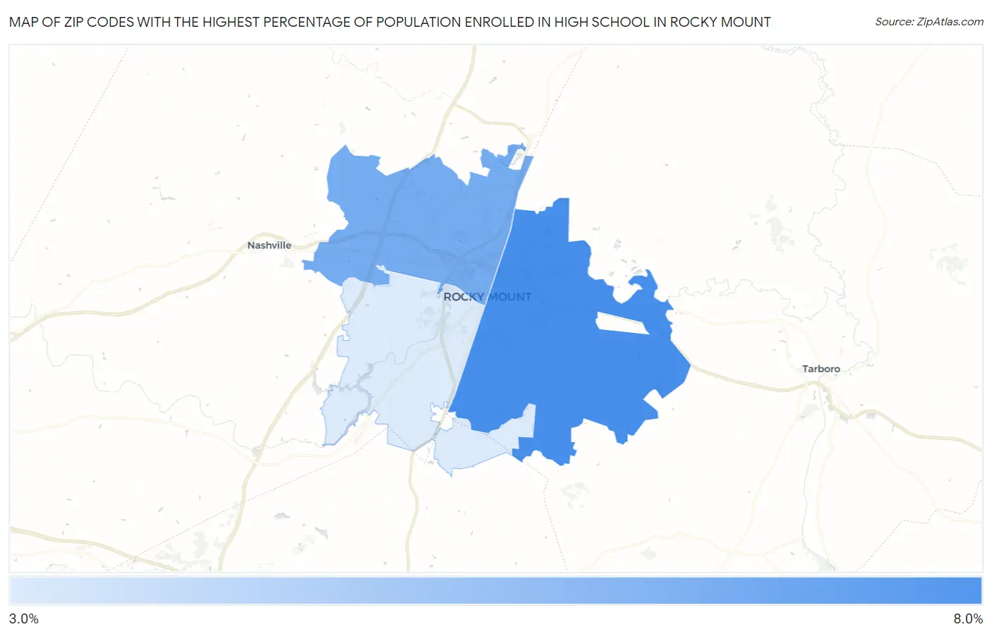 Zip Codes with the Highest Percentage of Population Enrolled in High School in Rocky Mount Map