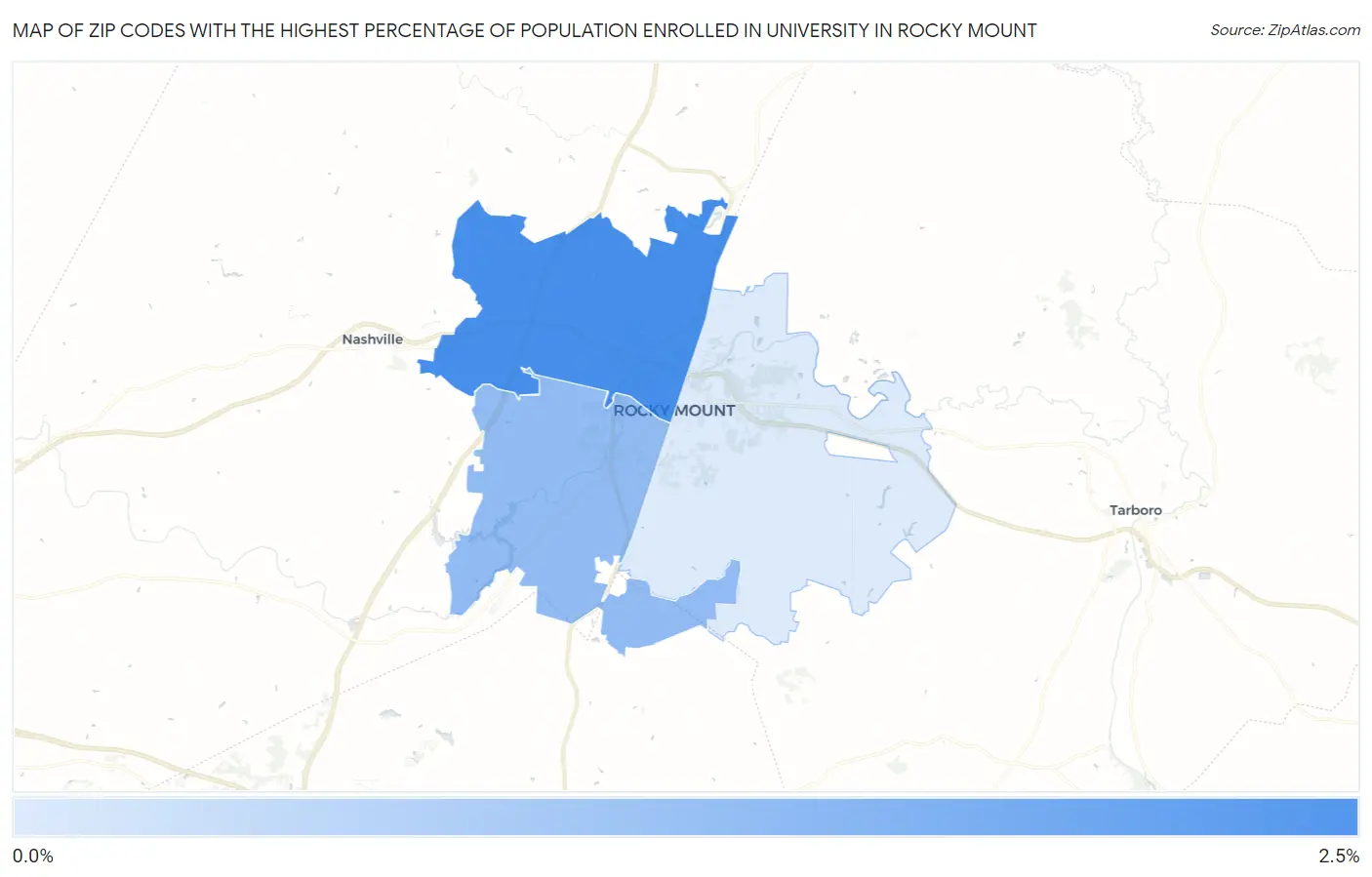 Zip Codes with the Highest Percentage of Population Enrolled in University in Rocky Mount Map