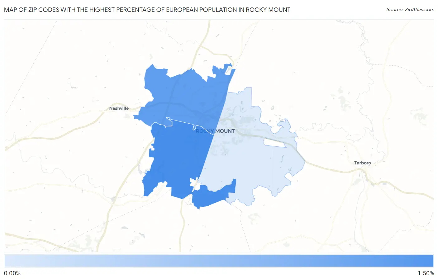 Zip Codes with the Highest Percentage of European Population in Rocky Mount Map