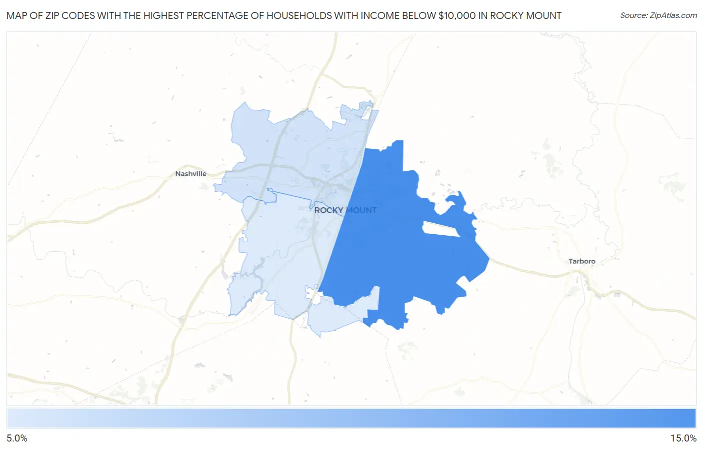 Zip Codes with the Highest Percentage of Households with Income Below $10,000 in Rocky Mount Map