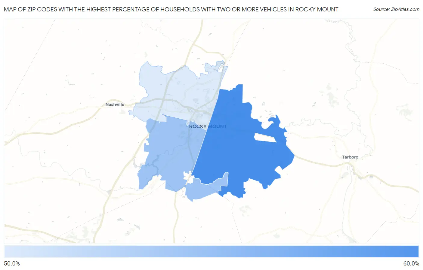 Zip Codes with the Highest Percentage of Households With Two or more Vehicles in Rocky Mount Map