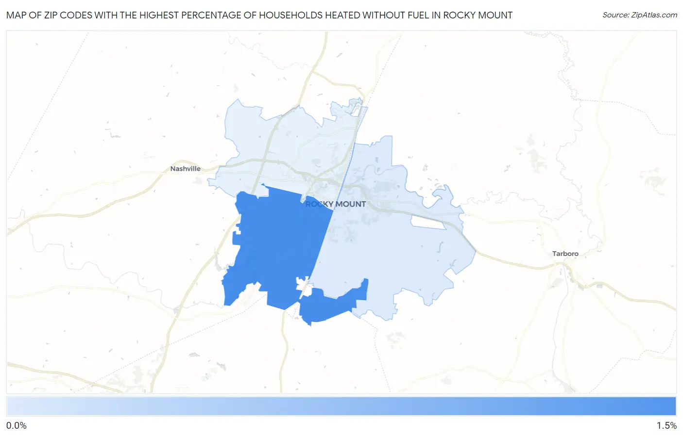 Zip Codes with the Highest Percentage of Households Heated without Fuel in Rocky Mount Map