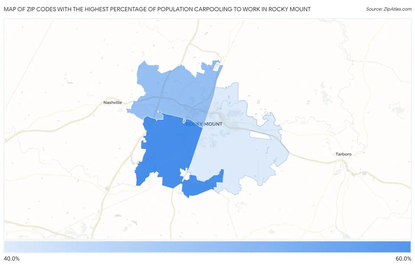 Zip Codes with the Highest Percentage of Population Carpooling to Work in Rocky Mount Map