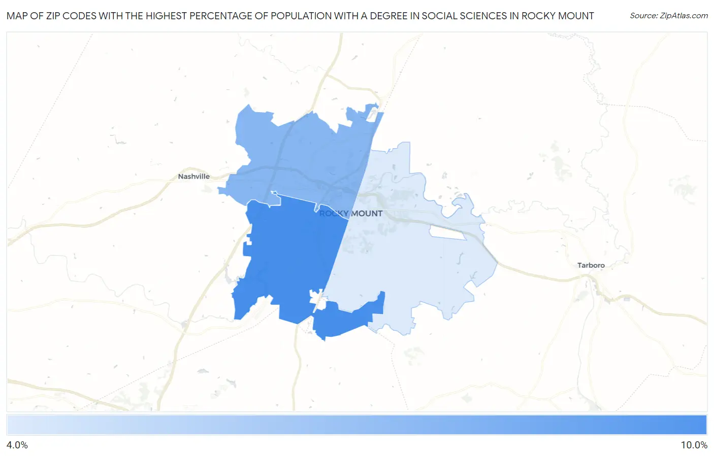 Zip Codes with the Highest Percentage of Population with a Degree in Social Sciences in Rocky Mount Map