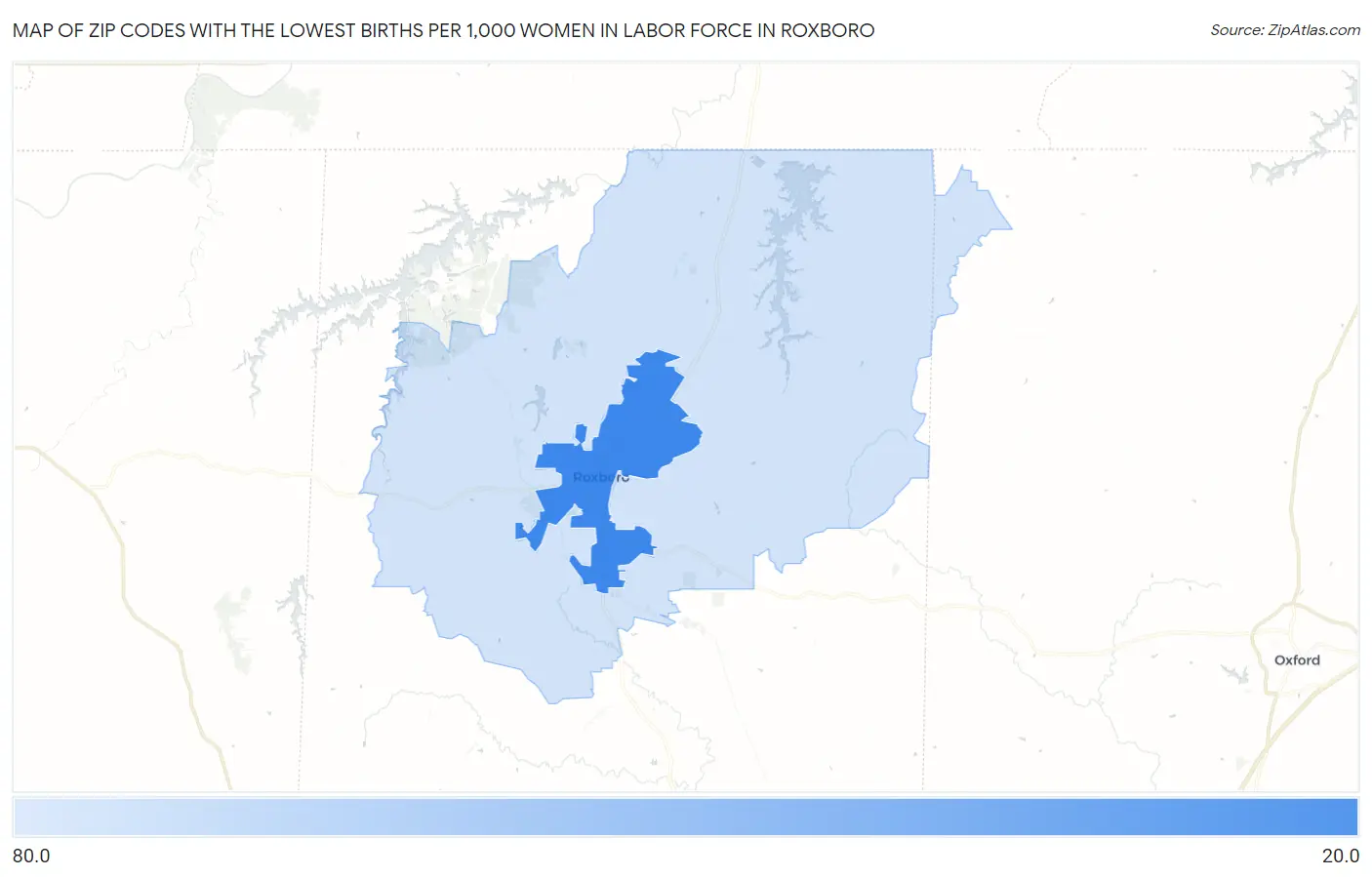 Zip Codes with the Lowest Births per 1,000 Women in Labor Force in Roxboro Map