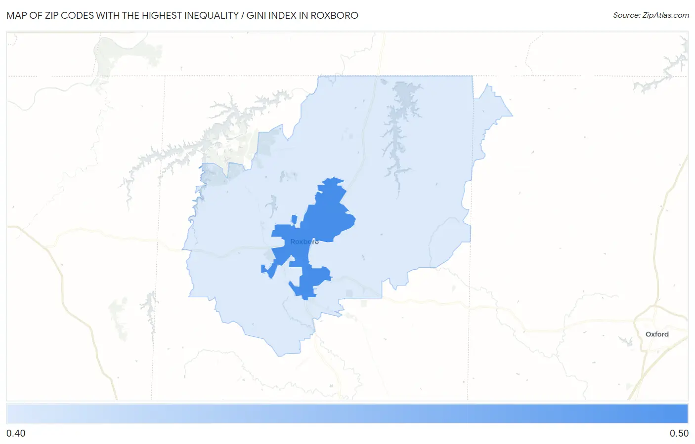 Zip Codes with the Highest Inequality / Gini Index in Roxboro Map