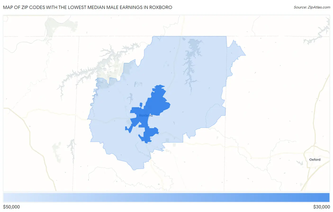 Zip Codes with the Lowest Median Male Earnings in Roxboro Map