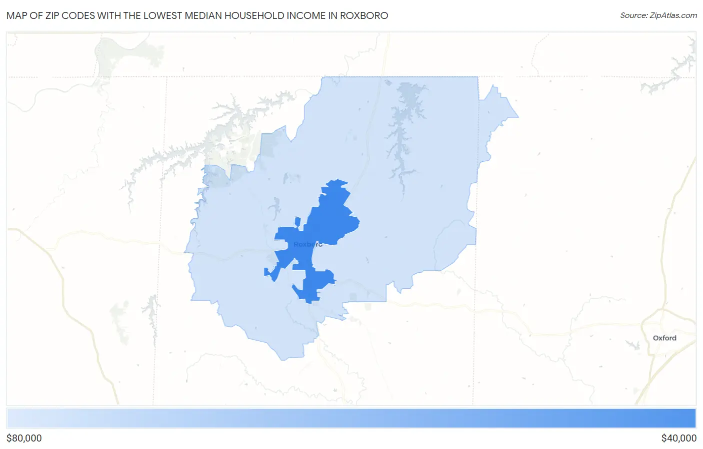 Zip Codes with the Lowest Median Household Income in Roxboro Map