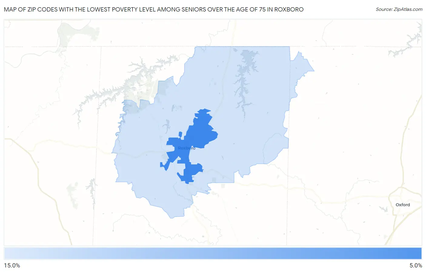 Zip Codes with the Lowest Poverty Level Among Seniors Over the Age of 75 in Roxboro Map
