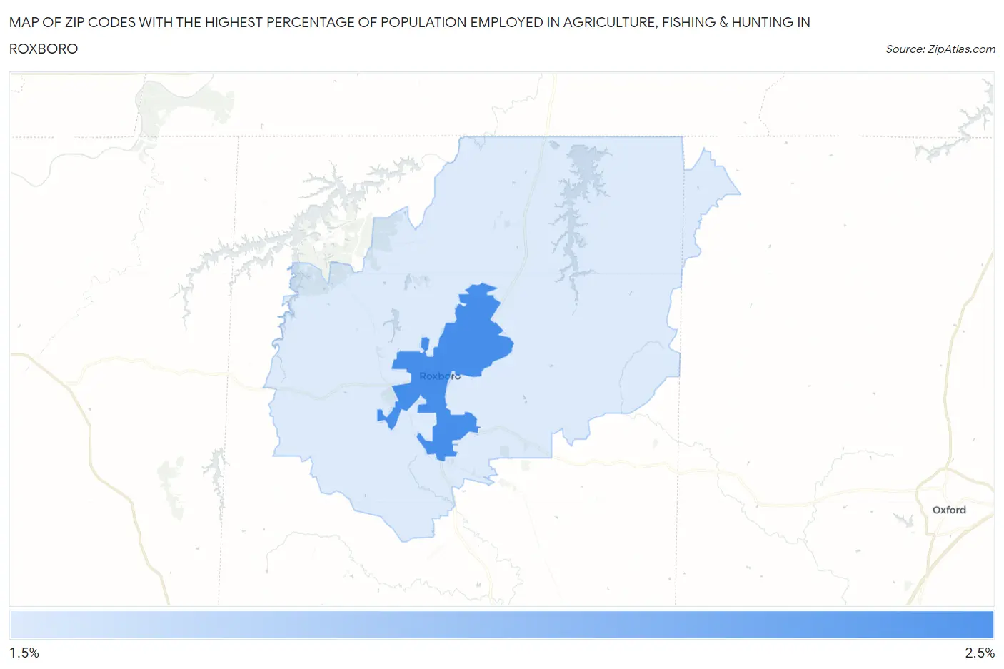 Zip Codes with the Highest Percentage of Population Employed in Agriculture, Fishing & Hunting in Roxboro Map