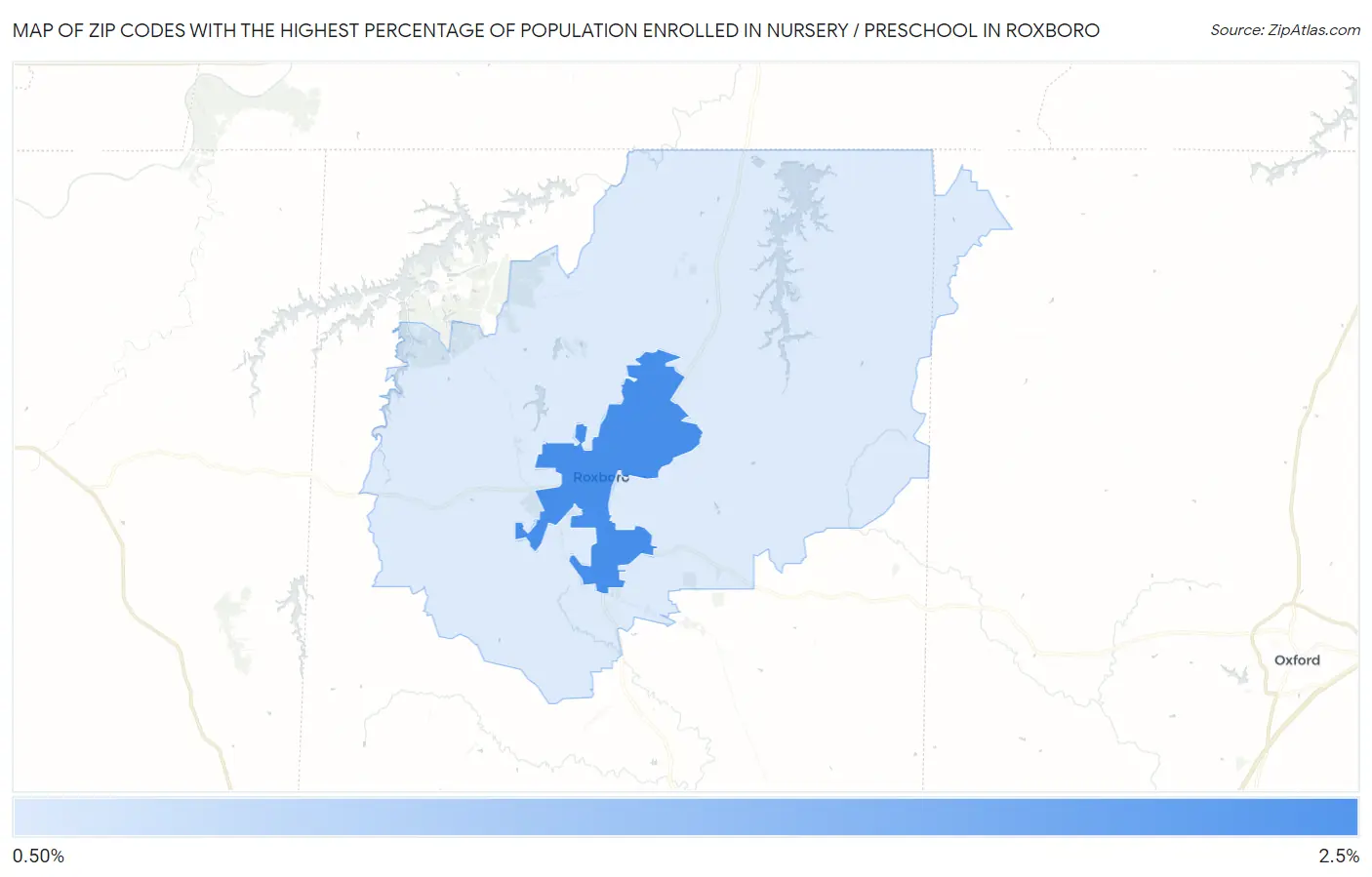 Zip Codes with the Highest Percentage of Population Enrolled in Nursery / Preschool in Roxboro Map