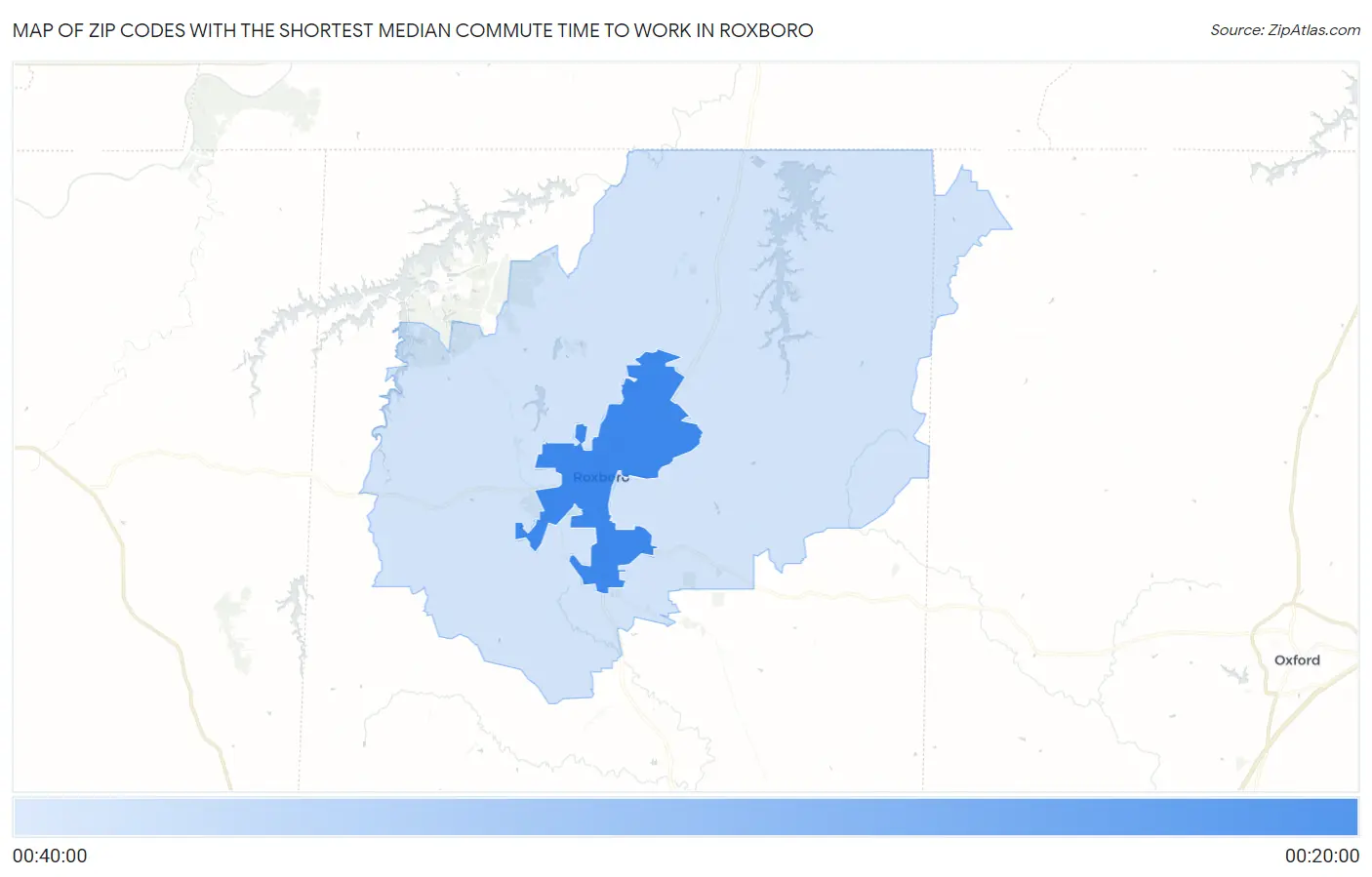 Zip Codes with the Shortest Median Commute Time to Work in Roxboro Map
