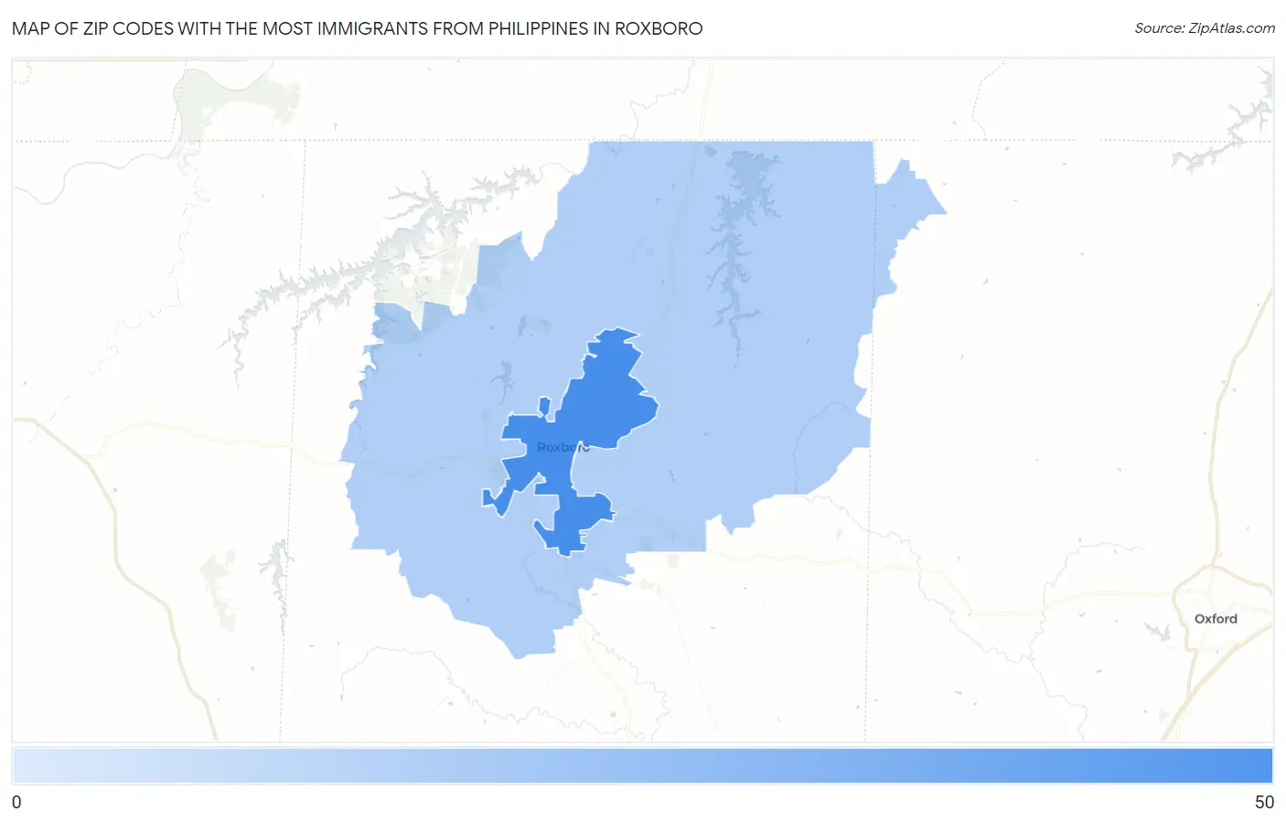 Zip Codes with the Most Immigrants from Philippines in Roxboro Map