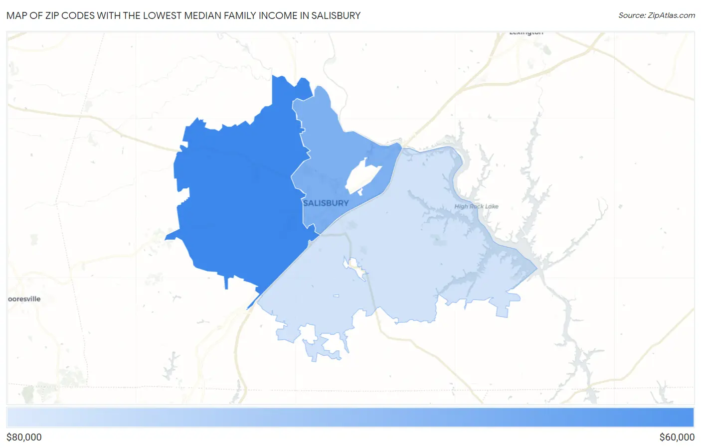 Zip Codes with the Lowest Median Family Income in Salisbury Map