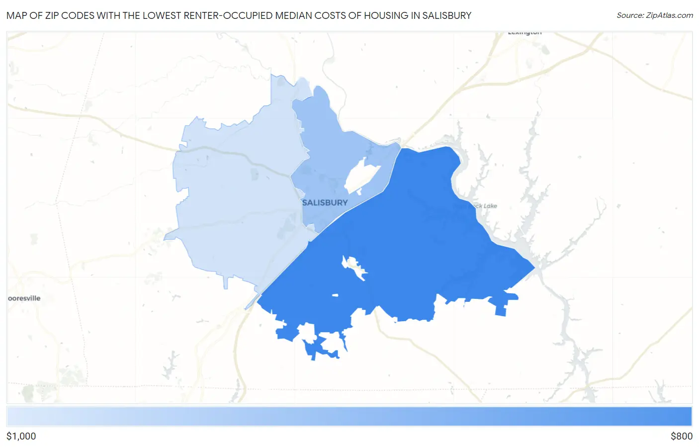 Zip Codes with the Lowest Renter-Occupied Median Costs of Housing in Salisbury Map