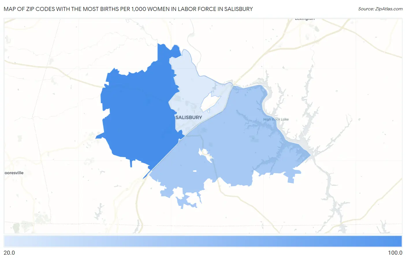 Zip Codes with the Most Births per 1,000 Women in Labor Force in Salisbury Map
