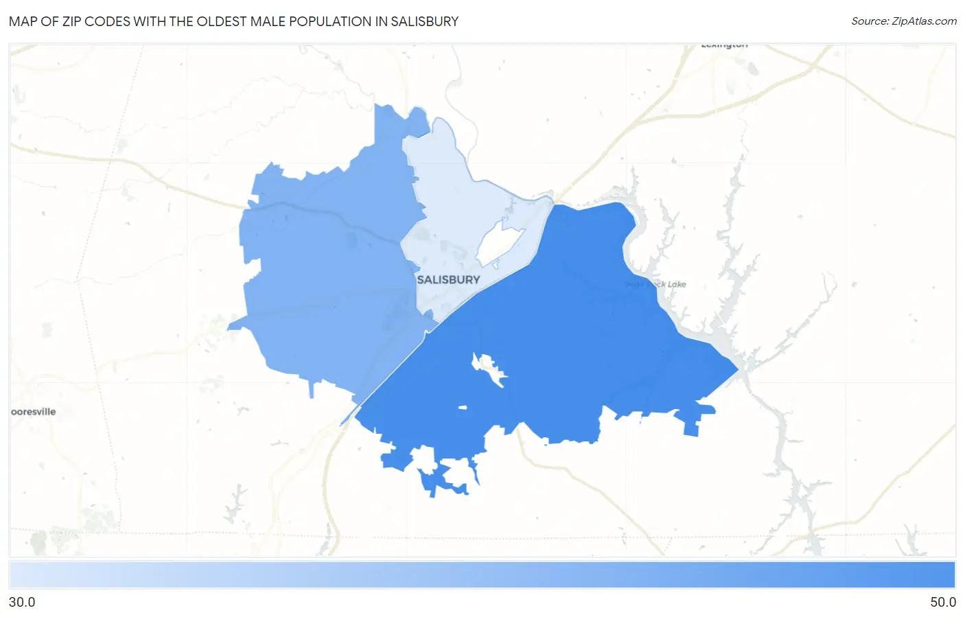Zip Codes with the Oldest Male Population in Salisbury Map