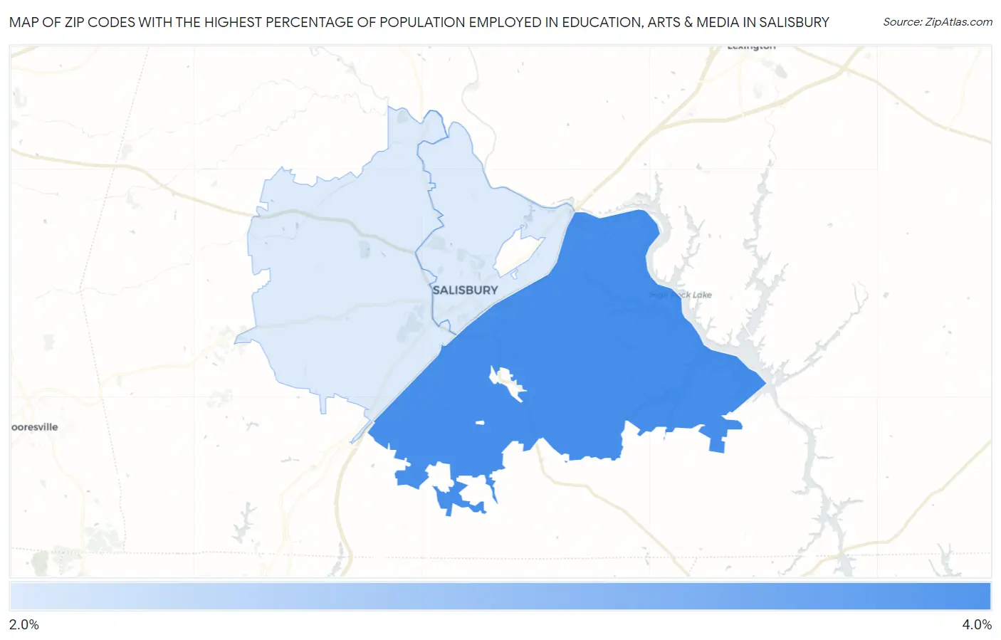 Zip Codes with the Highest Percentage of Population Employed in Education, Arts & Media in Salisbury Map