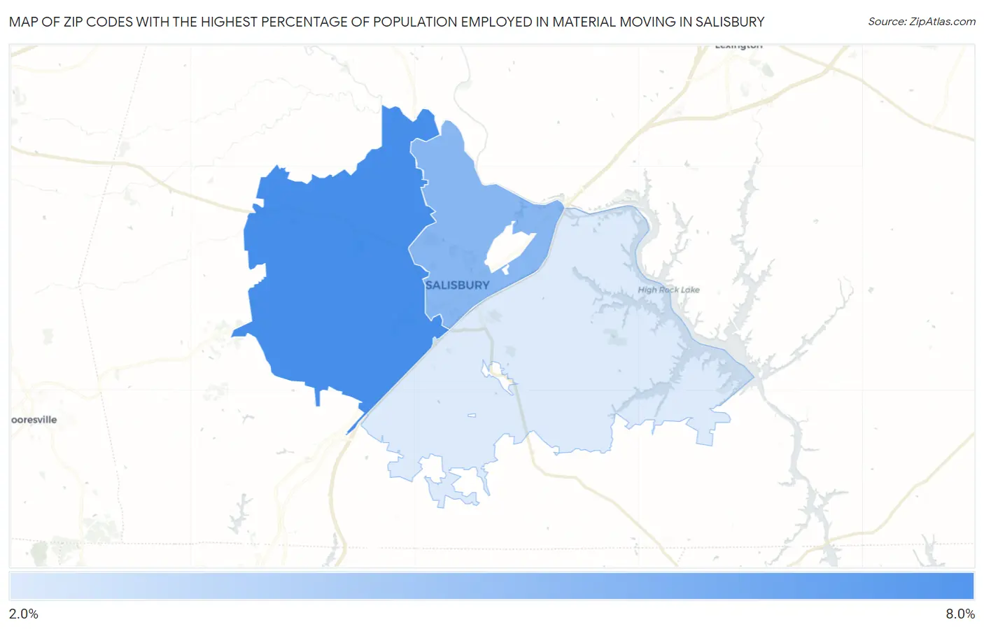 Zip Codes with the Highest Percentage of Population Employed in Material Moving in Salisbury Map