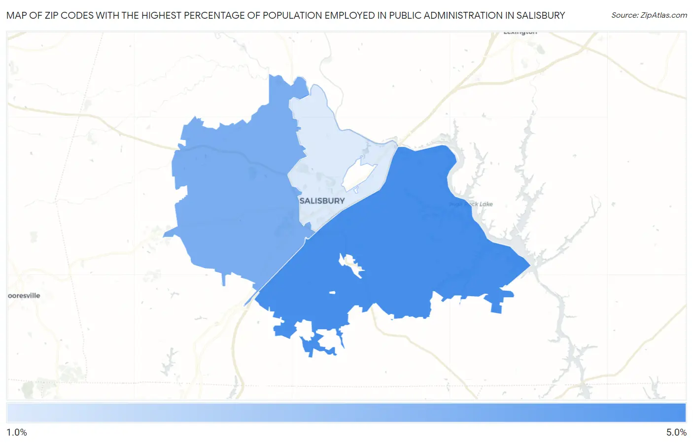 Zip Codes with the Highest Percentage of Population Employed in Public Administration in Salisbury Map