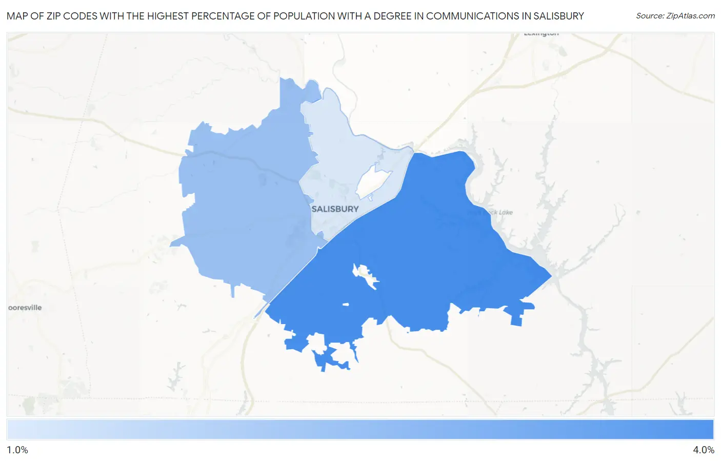 Zip Codes with the Highest Percentage of Population with a Degree in Communications in Salisbury Map