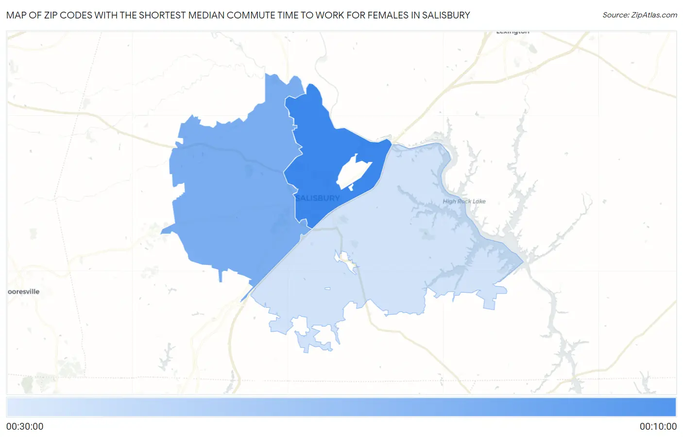 Zip Codes with the Shortest Median Commute Time to Work for Females in Salisbury Map