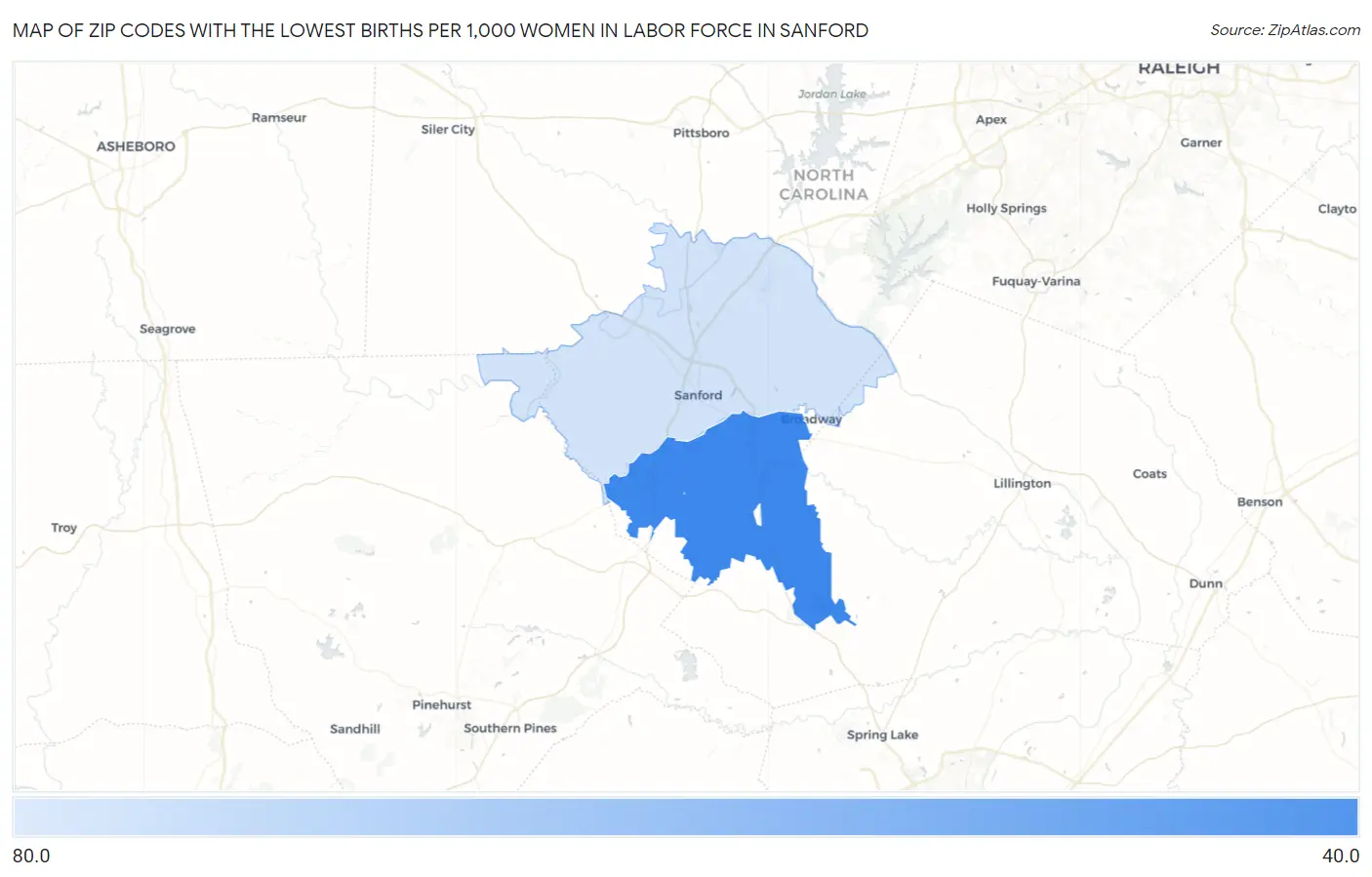Zip Codes with the Lowest Births per 1,000 Women in Labor Force in Sanford Map