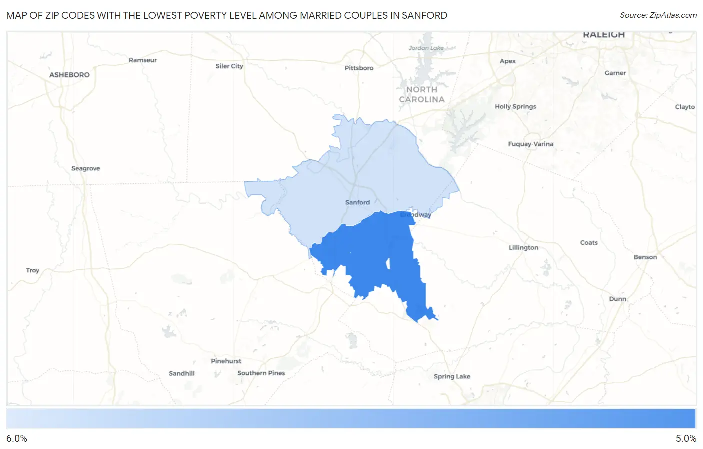 Zip Codes with the Lowest Poverty Level Among Married Couples in Sanford Map