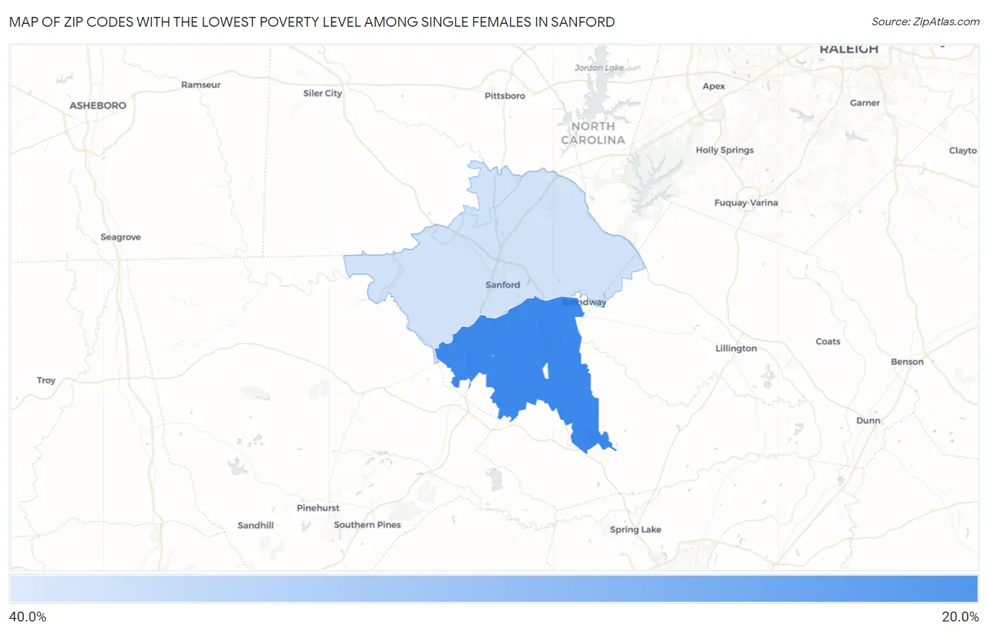 Zip Codes with the Lowest Poverty Level Among Single Females in Sanford Map