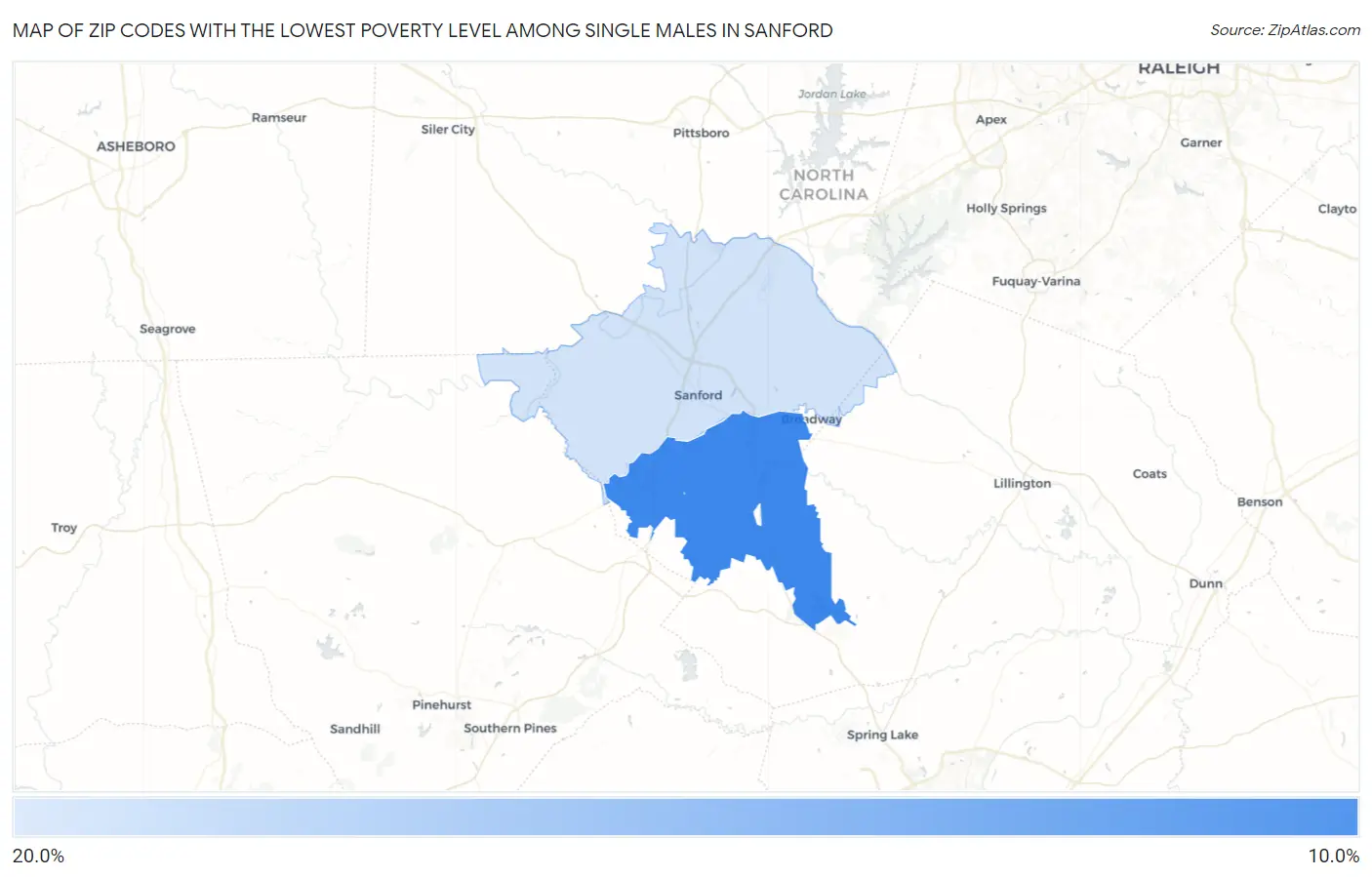 Zip Codes with the Lowest Poverty Level Among Single Males in Sanford Map