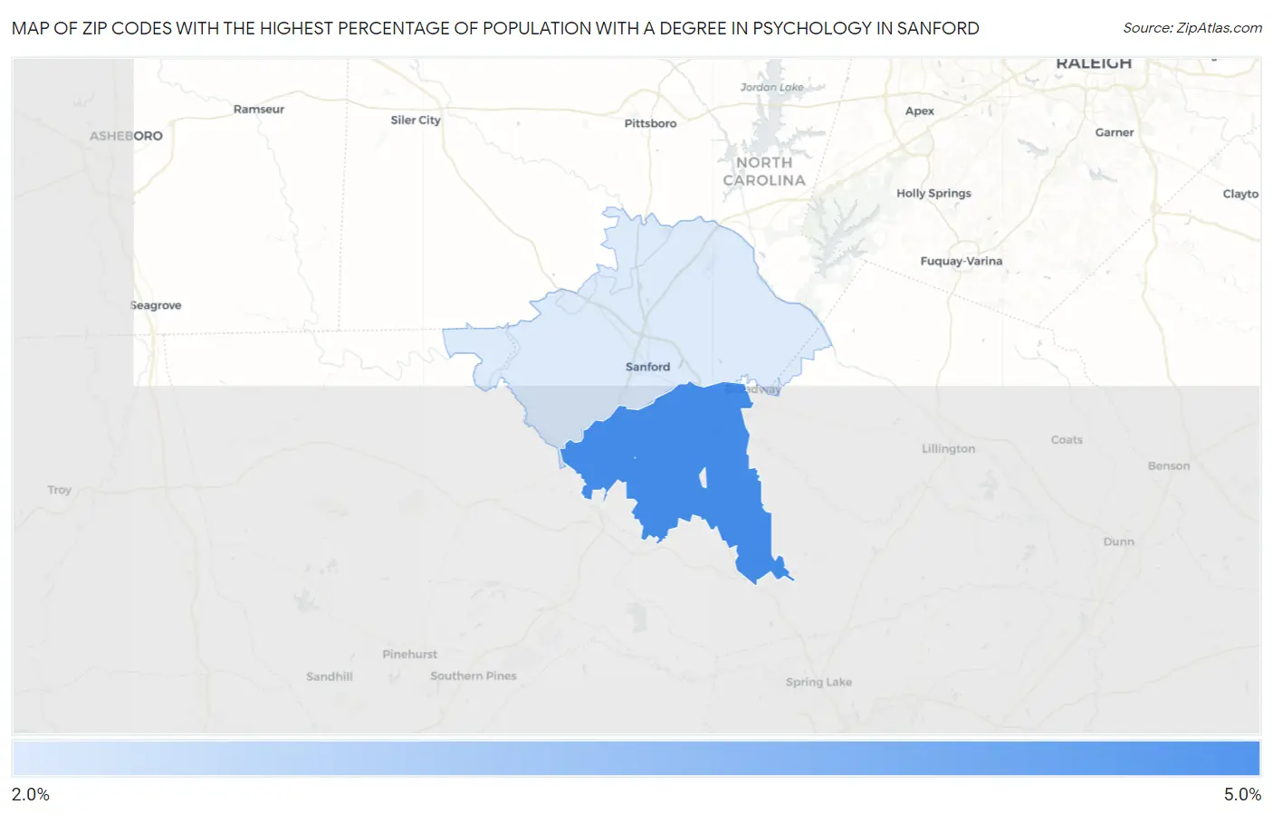 Zip Codes with the Highest Percentage of Population with a Degree in Psychology in Sanford Map