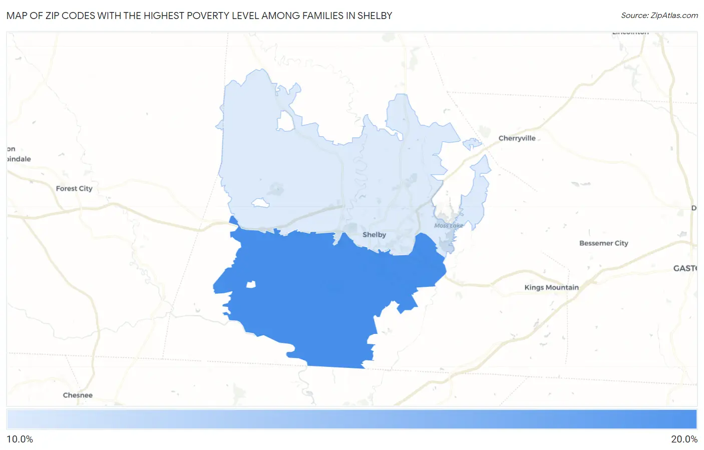Zip Codes with the Highest Poverty Level Among Families in Shelby Map