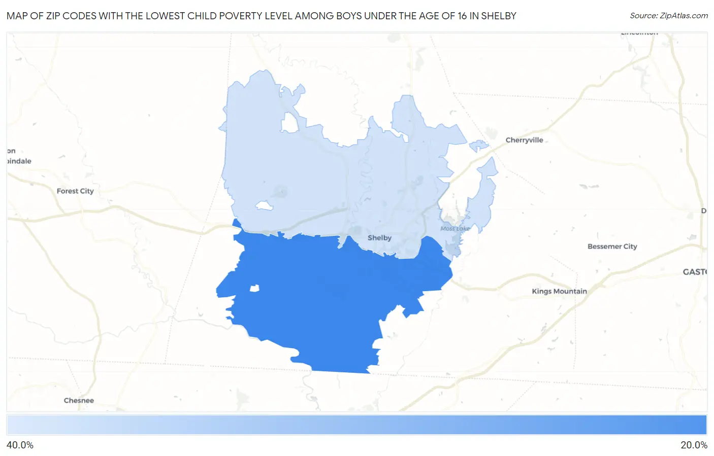 Zip Codes with the Lowest Child Poverty Level Among Boys Under the Age of 16 in Shelby Map