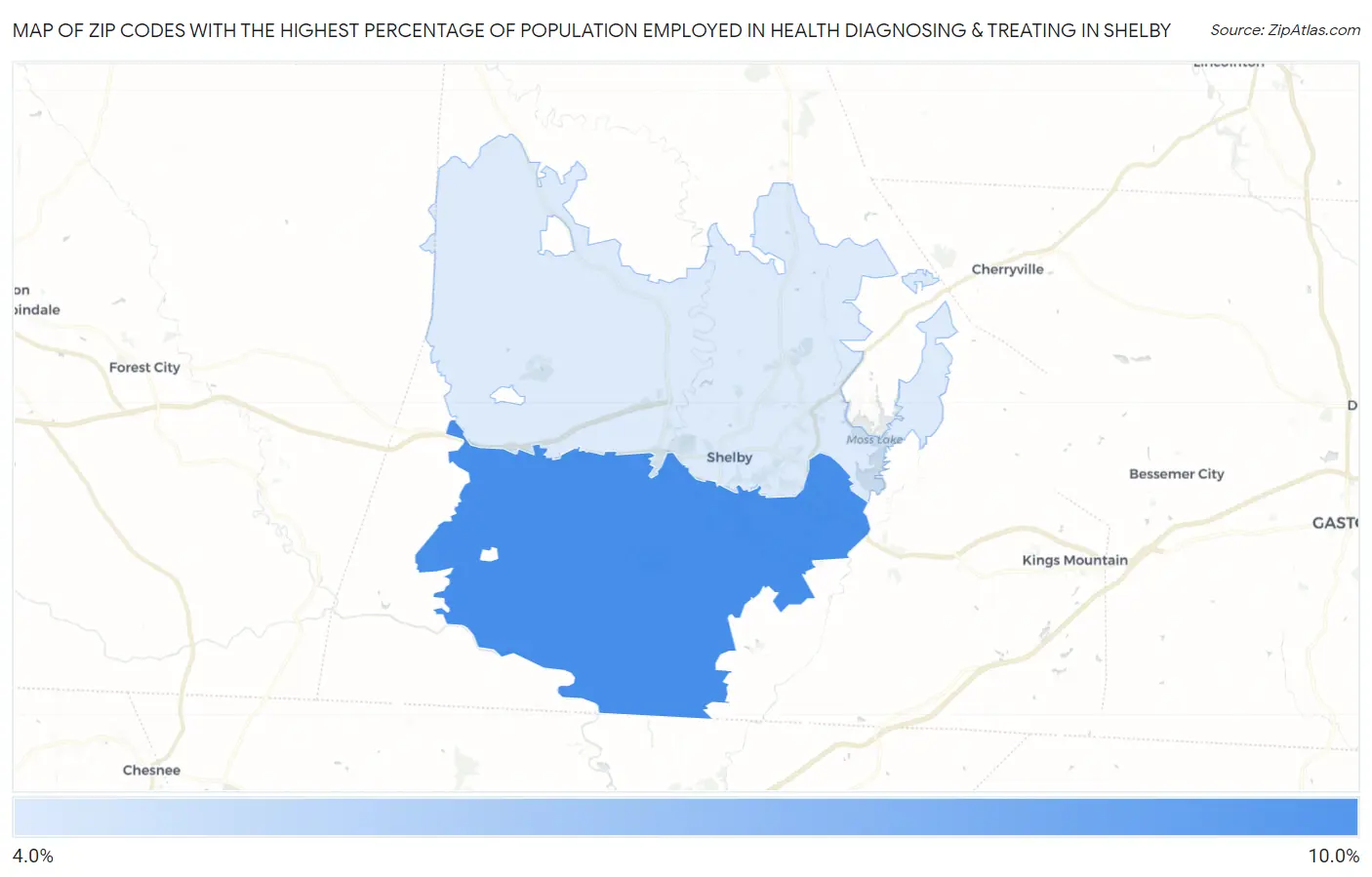Zip Codes with the Highest Percentage of Population Employed in Health Diagnosing & Treating in Shelby Map