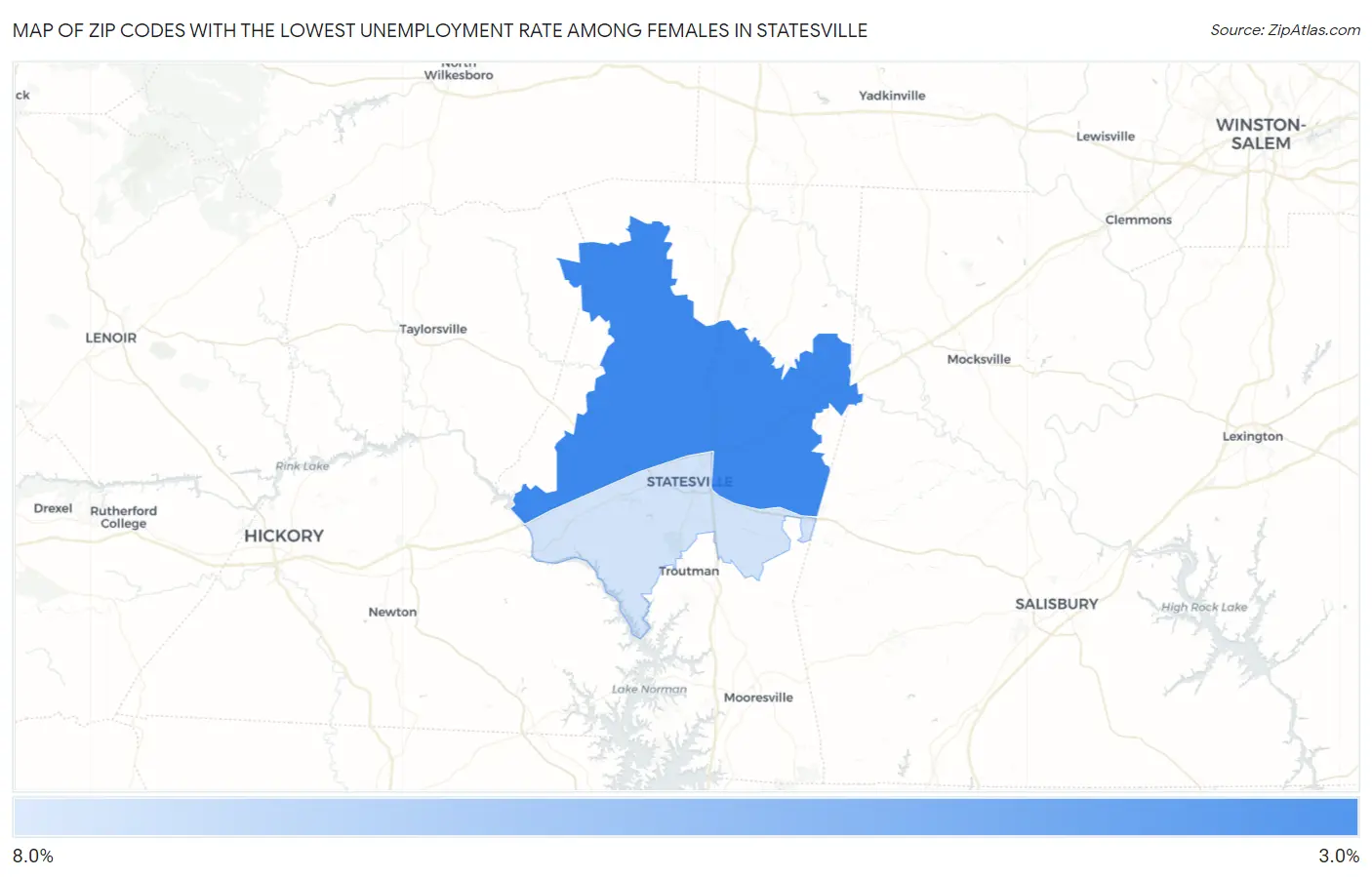 Zip Codes with the Lowest Unemployment Rate Among Females in Statesville Map